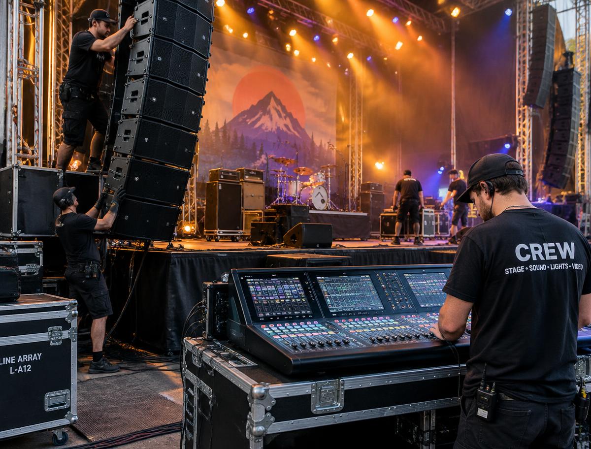 Stage crew setting up speakers and a console