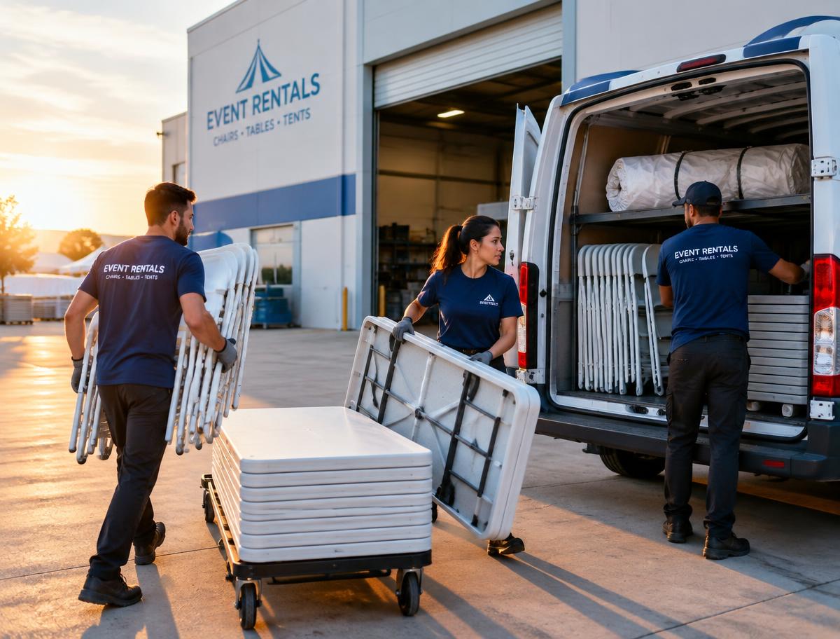 Event rental crew loading chairs and tables