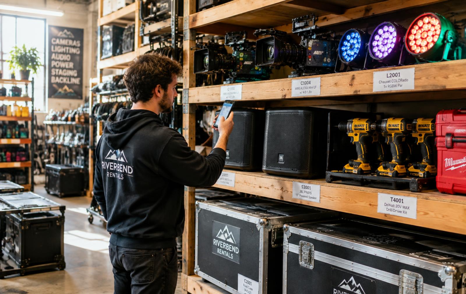 Crew member scanning a gear case with a phone