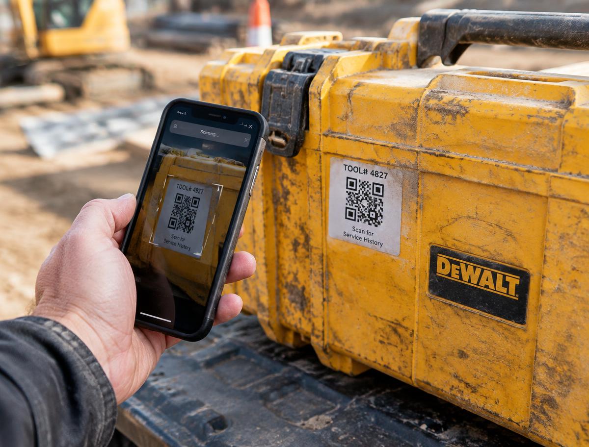 Phone scanning a QR label on a gear case