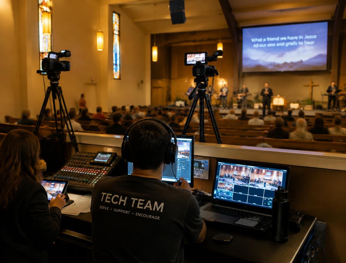 Church tech team at a livestream booth